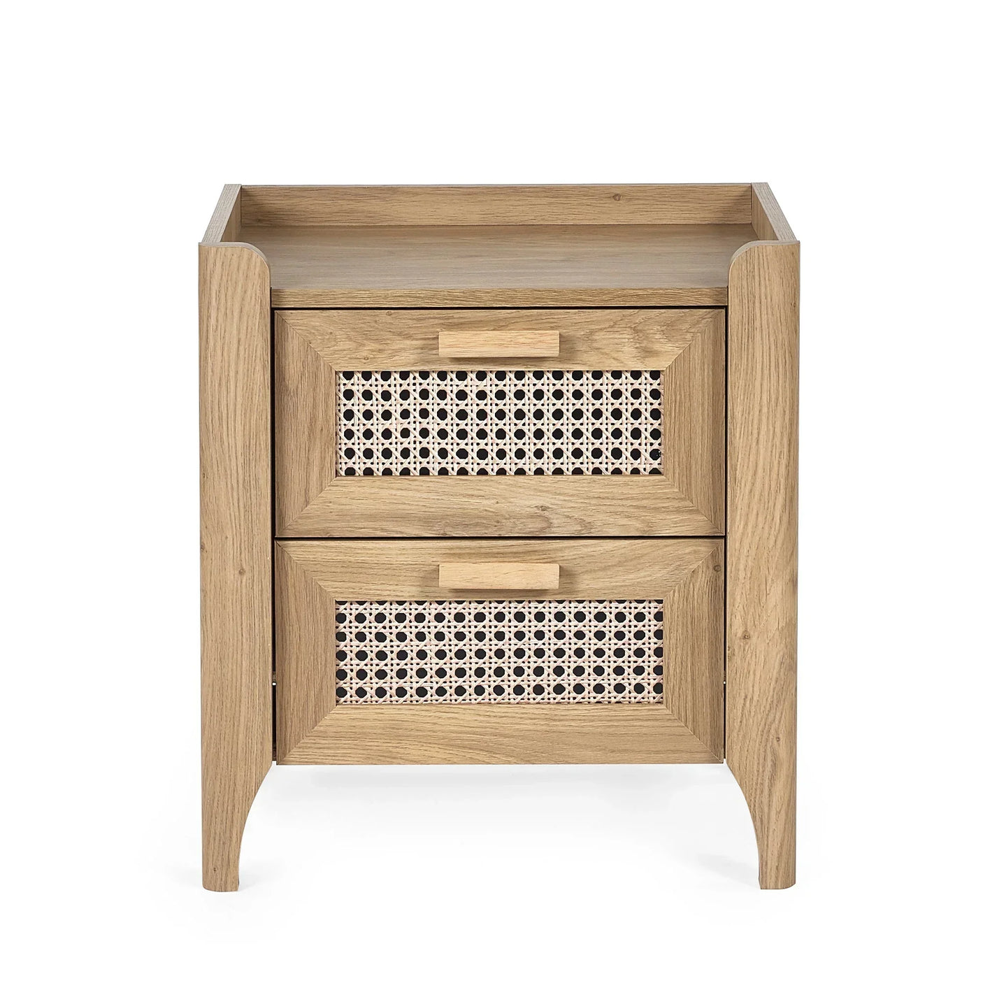 Sydney rattan effect 2 drawer bedside table with natural wood finish, front view