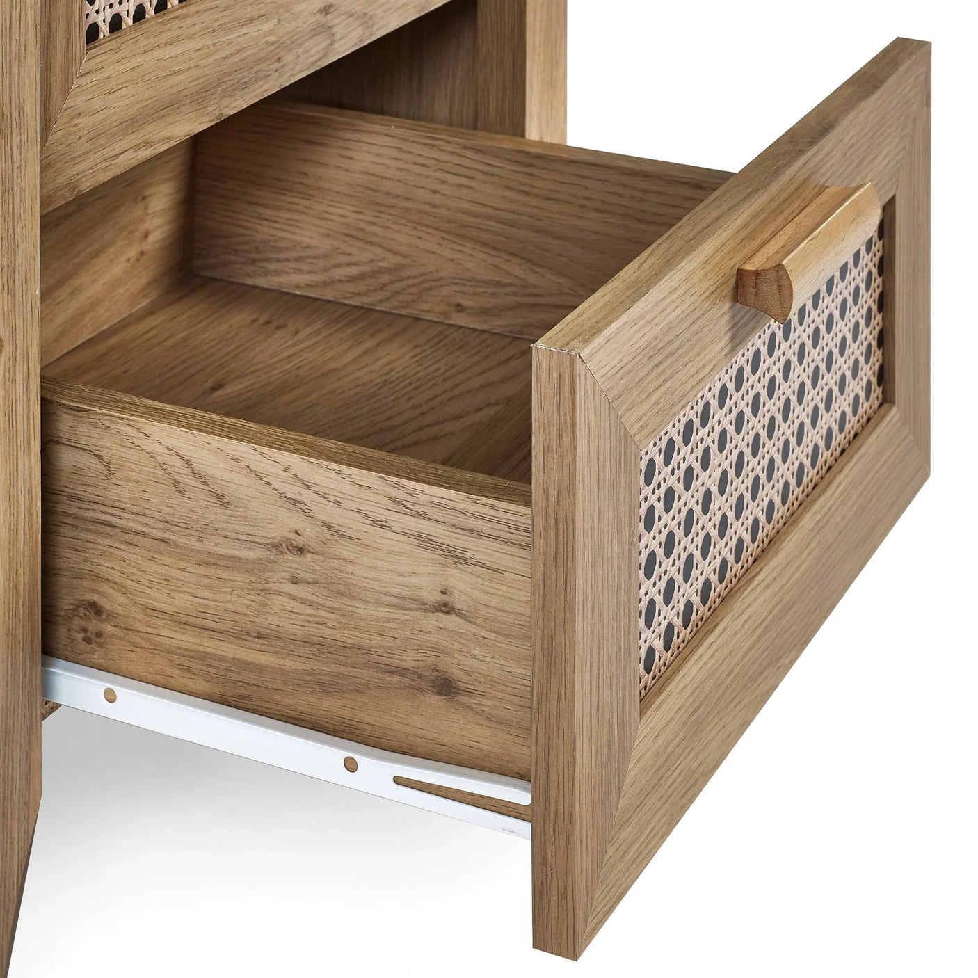 Sydney rattan effect bedside table with open drawer showing wood grain and cane panel