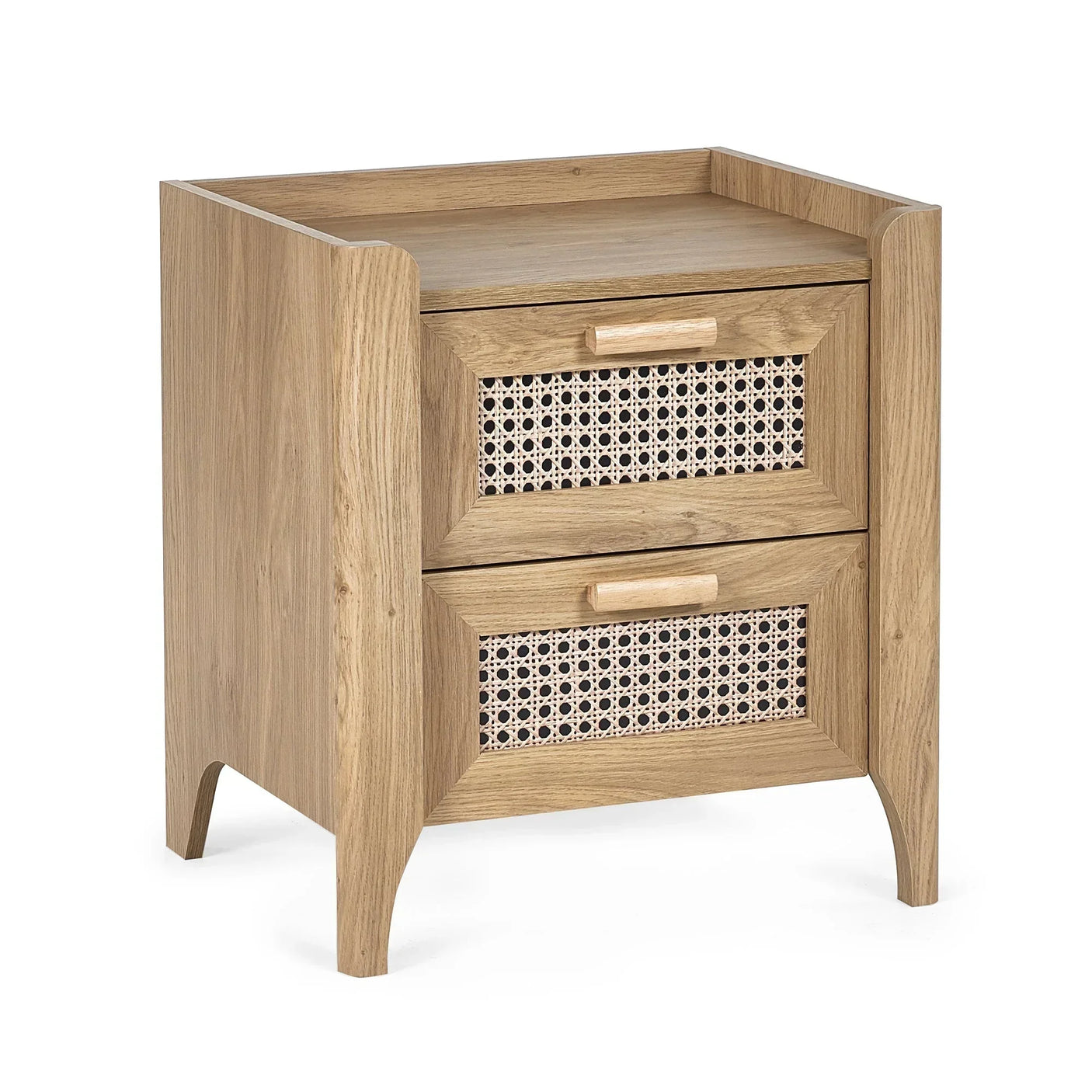 Sydney rattan effect 2 drawer bedside cabinet in light wood with woven drawer fronts