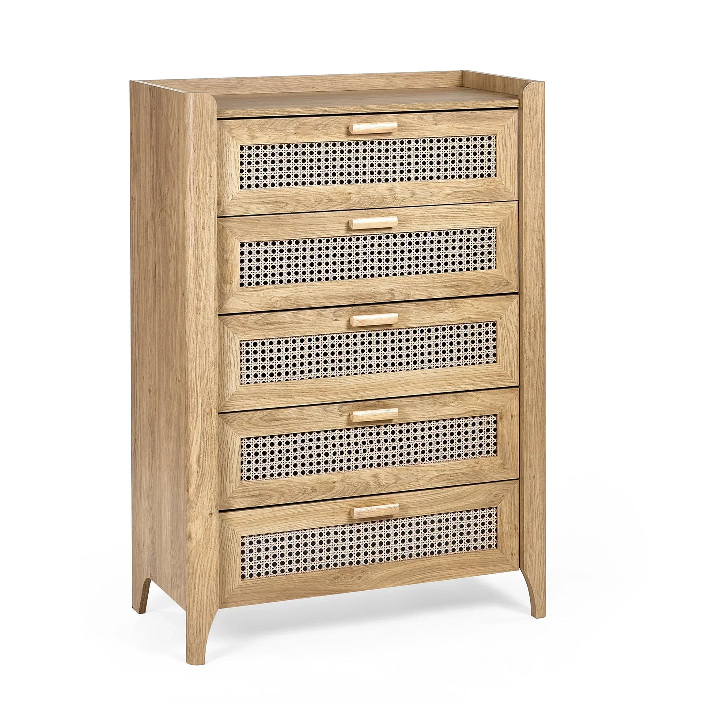 Sydney rattan effect 5 drawer chest with natural wood finish and cane drawer fronts