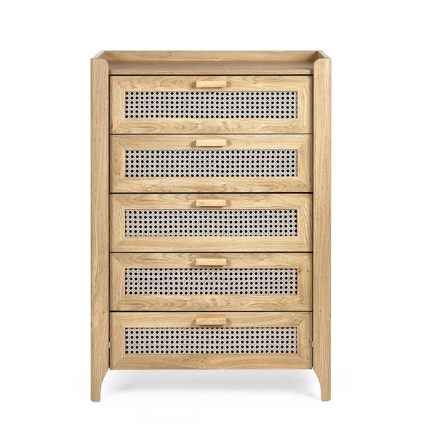 Sydney rattan effect 5 drawer chest with natural wood frame and woven front panels