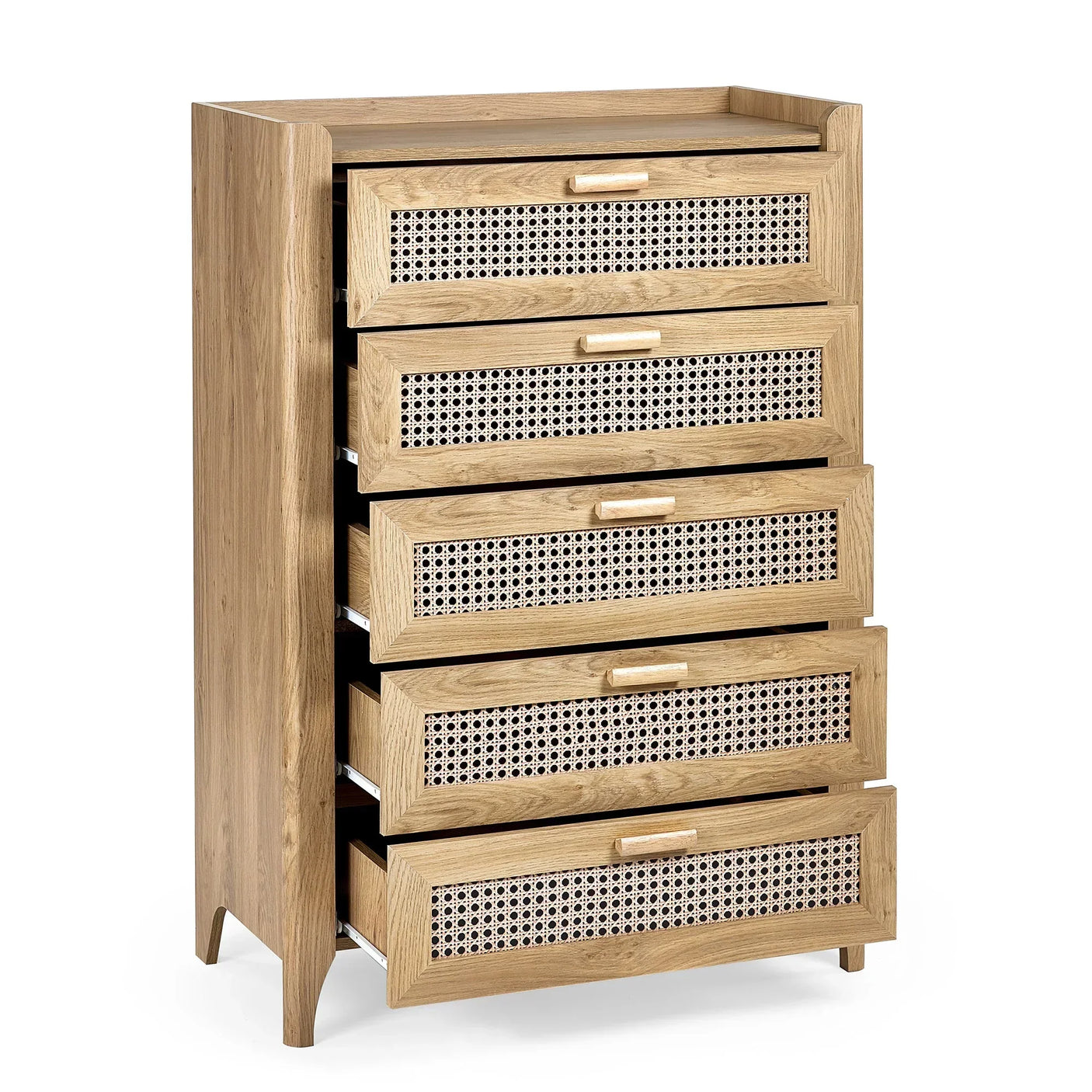 Sydney rattan effect 5 drawer chest with natural wood finish, front view, drawers open