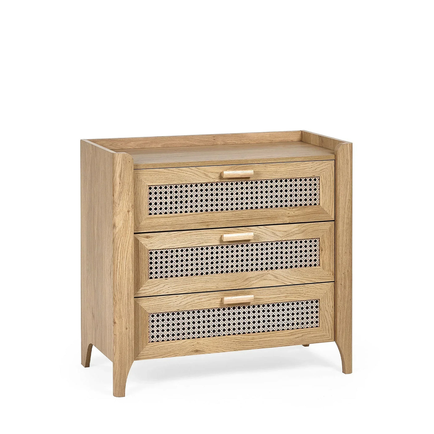 Rattan effect three drawer chest with wooden frame and cane panel fronts