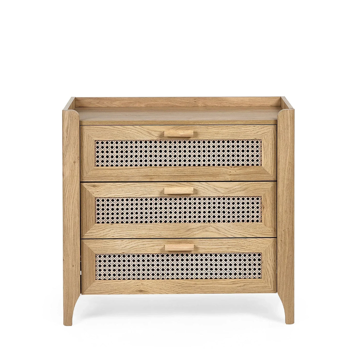Natural rattan effect 3 drawer chest with cane panel fronts and wooden handles, front view