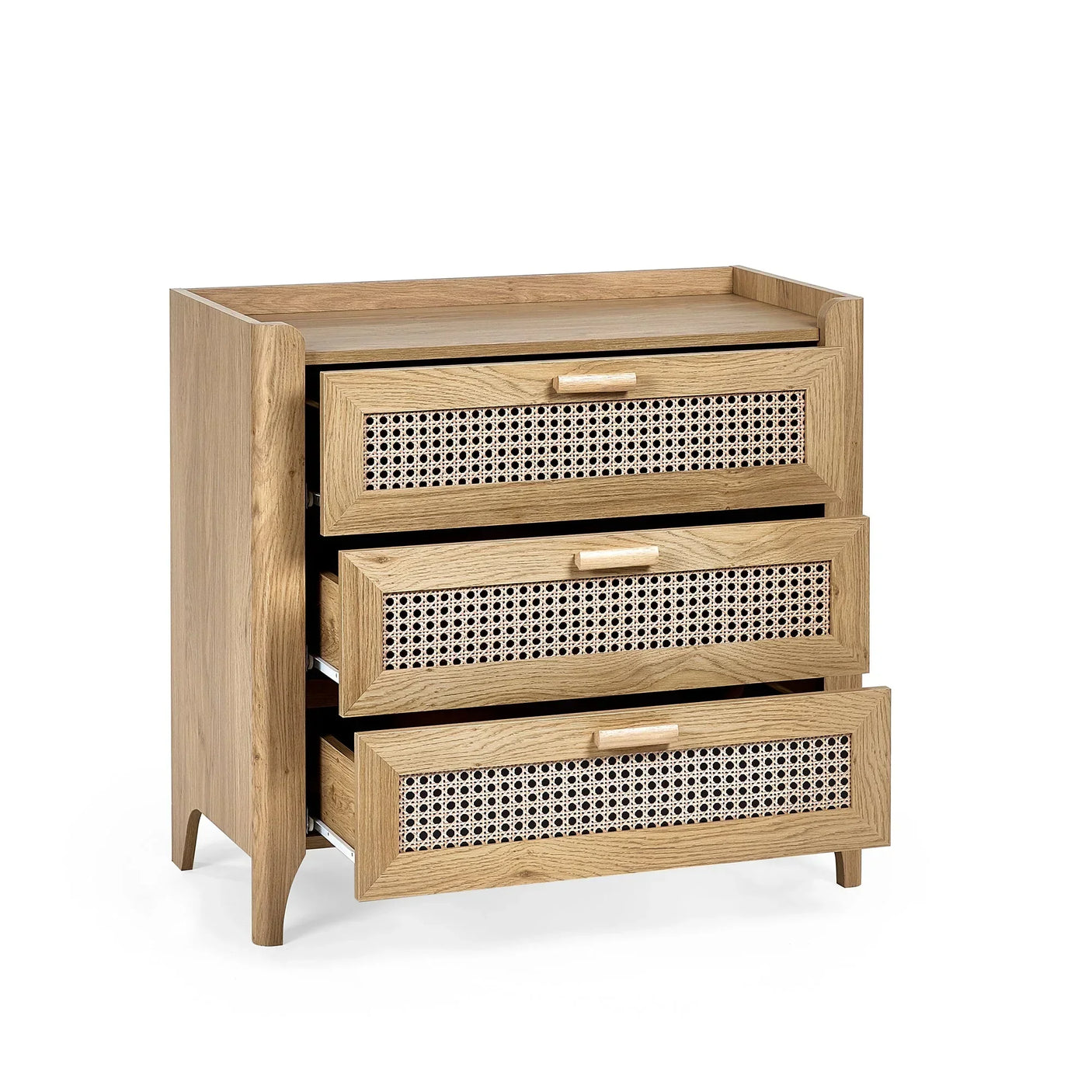 Natural rattan effect 3 drawer chest with open drawers and wooden handles on white background