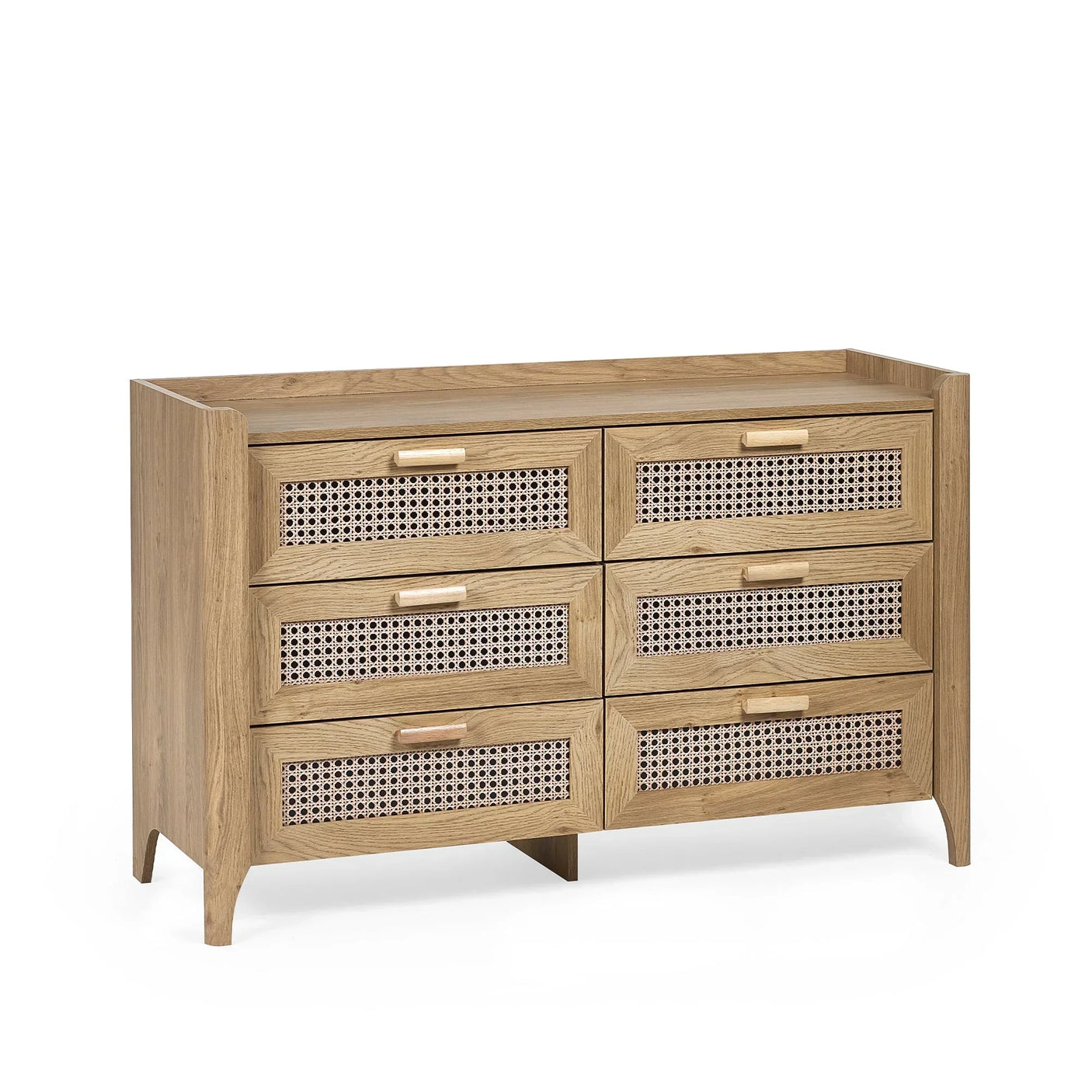 Wide rattan effect six drawer chest with natural wood finish and angled legs