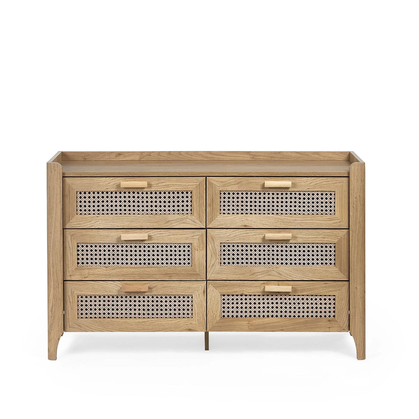 Wide rattan effect chest of drawers with six drawers in natural wood finish, front view