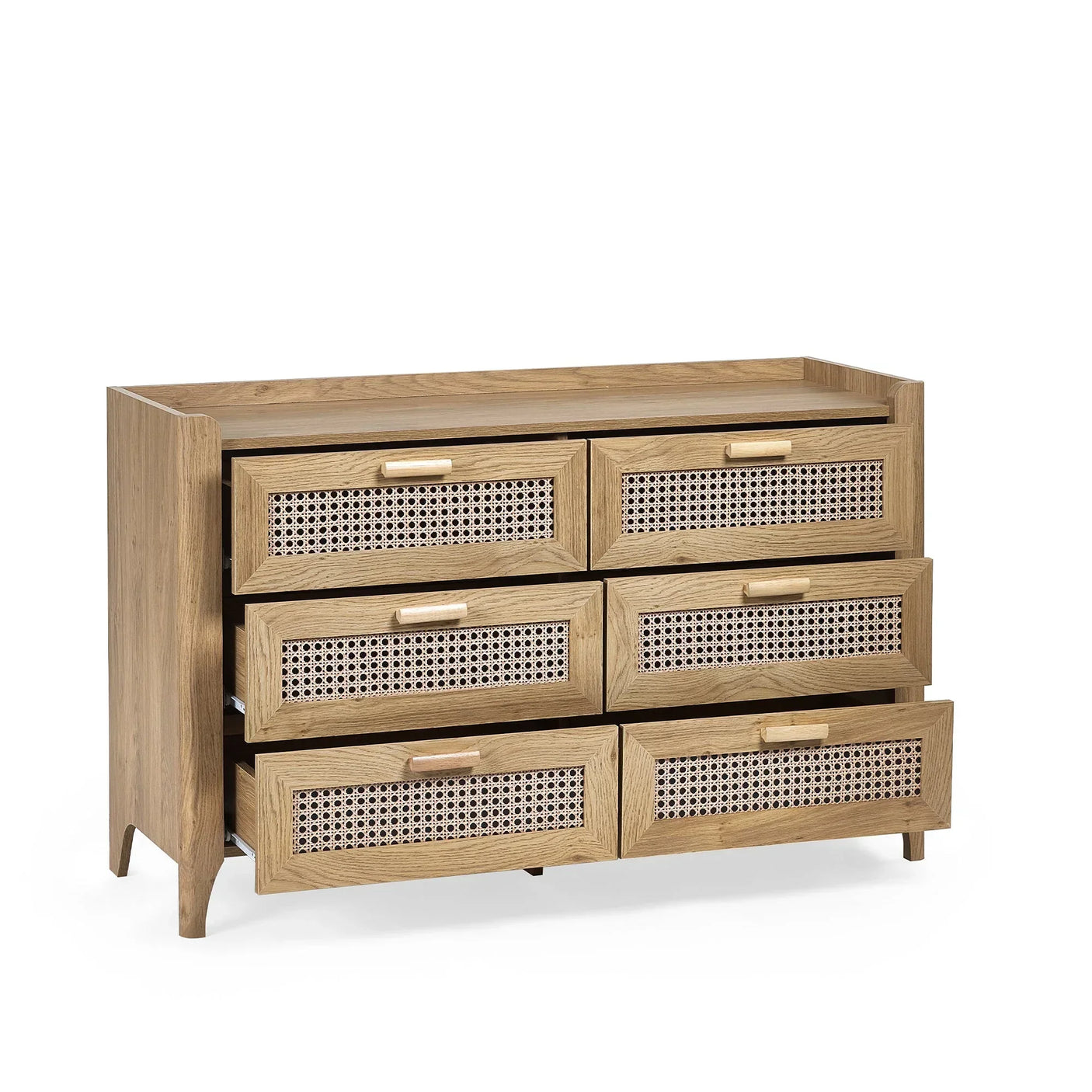Wide rattan effect 6 drawer chest in light wood, three drawers open, front angle view
