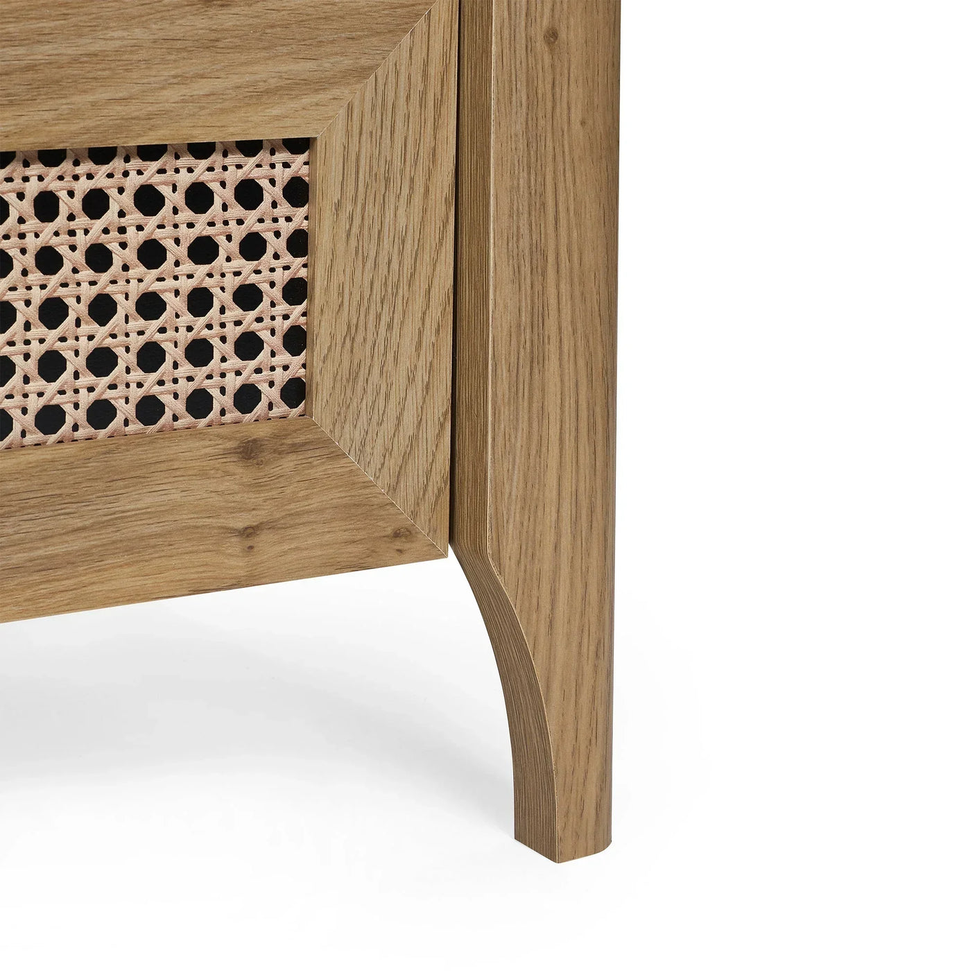 Sydney rattan effect chest corner showing natural wood grain and woven drawer front detail