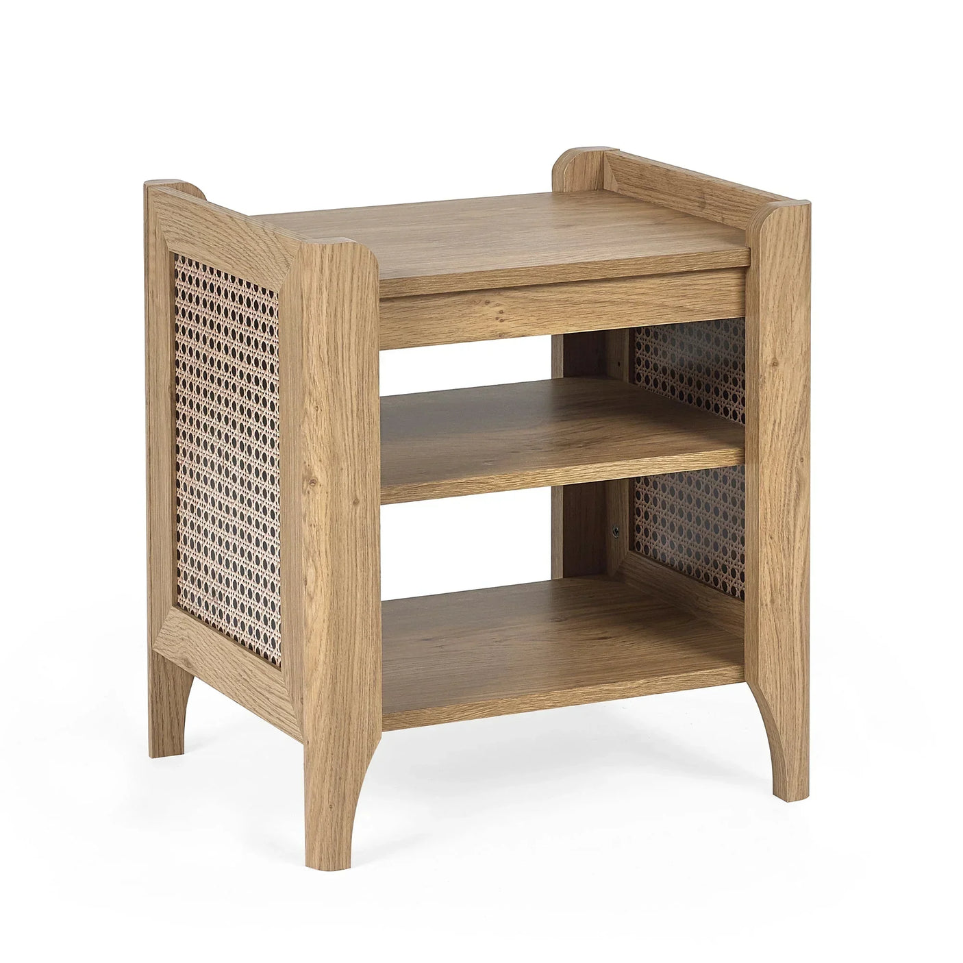 Rattan effect lamp table with open shelving, natural wood finish and mesh side panels