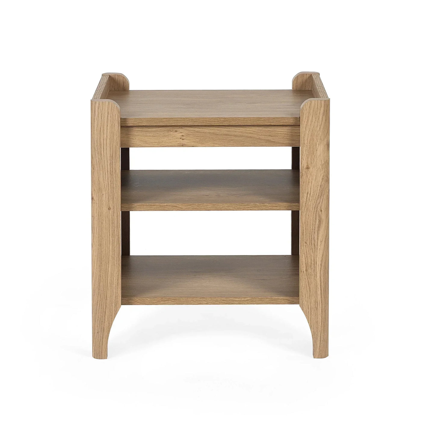 Sydney rattan effect lamp table with two shelves and light wood finish, front view
