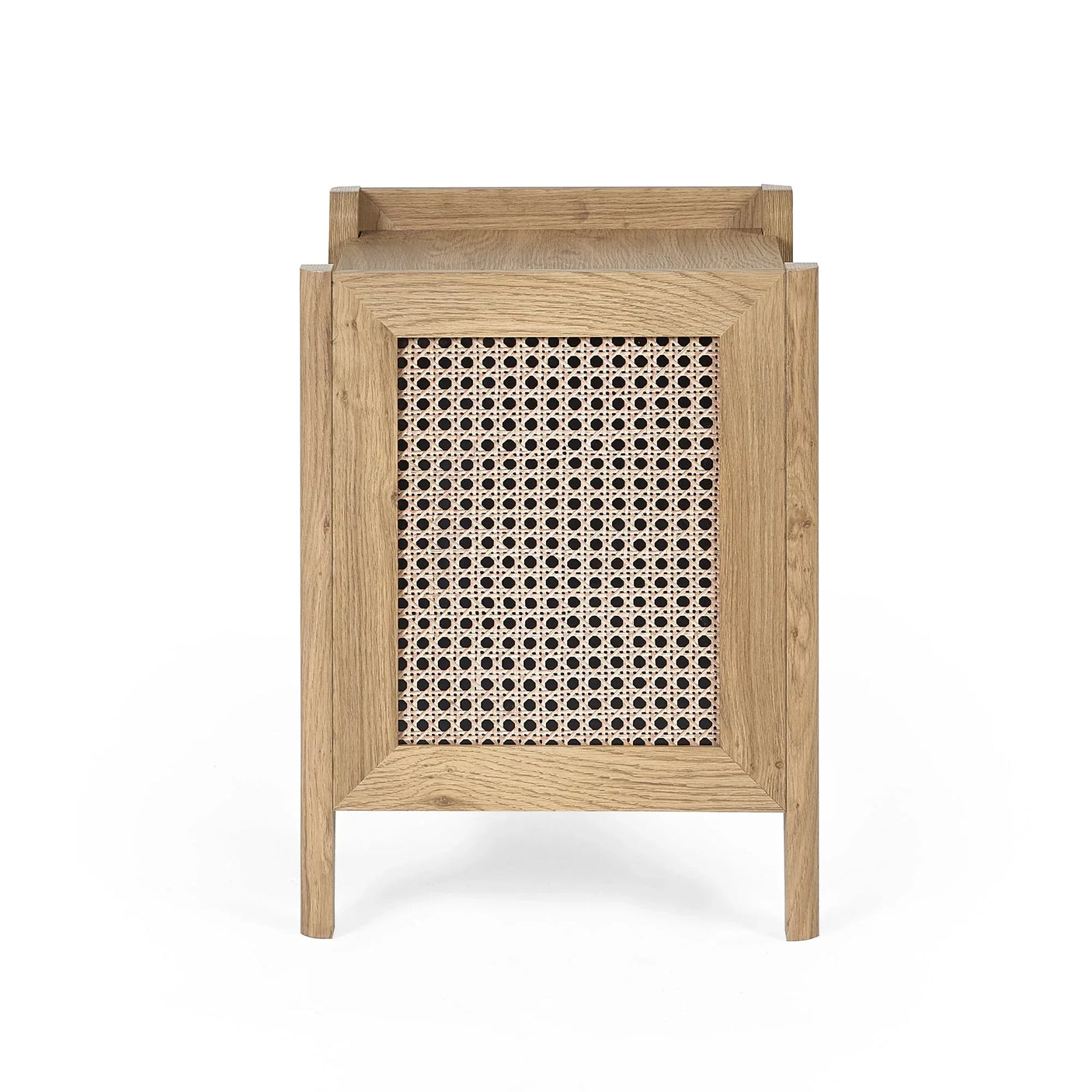 Side view of rattan effect lamp table with natural wood frame and woven panel detail