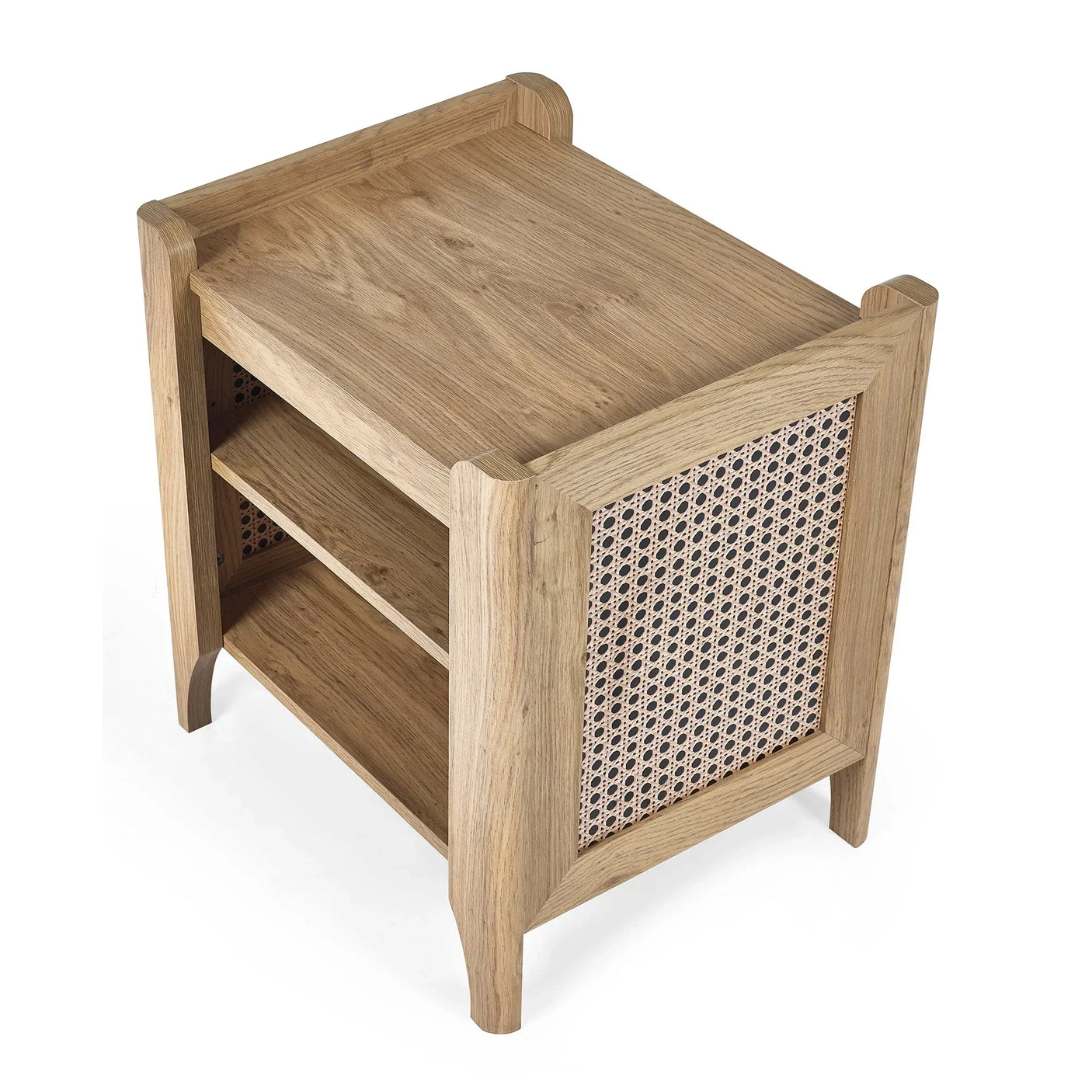 Sydney rattan effect lamp table in light wood with shelf and woven side panel, angled view