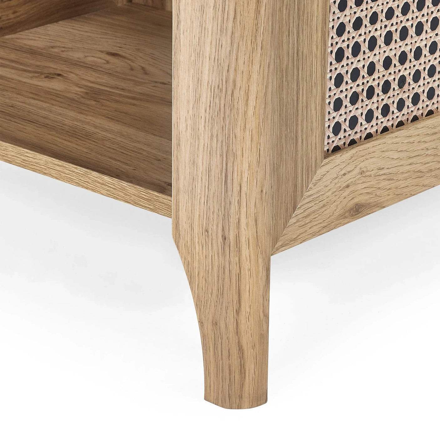 Rattan effect lamp table corner leg with natural wood finish and woven cane panel detail