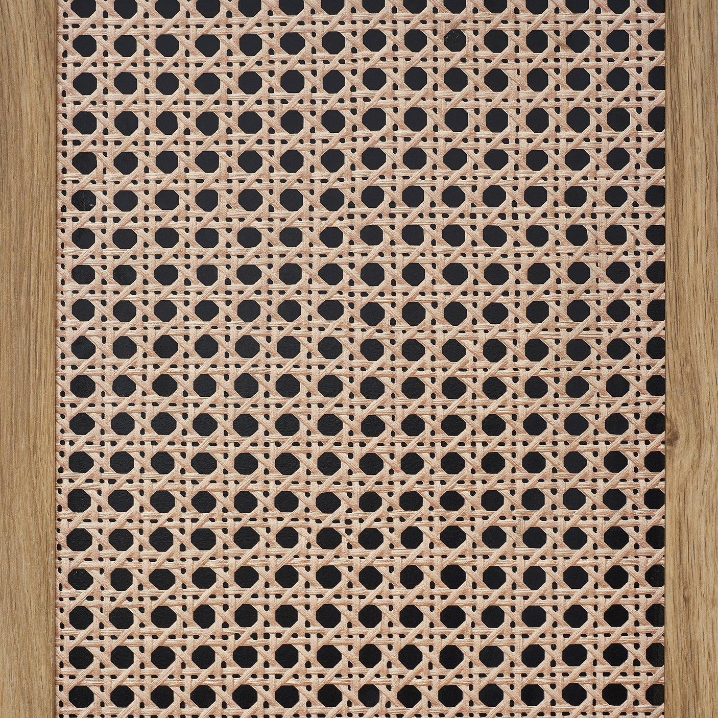 Close-up of rattan effect lamp table surface with natural woven pattern and wood frame