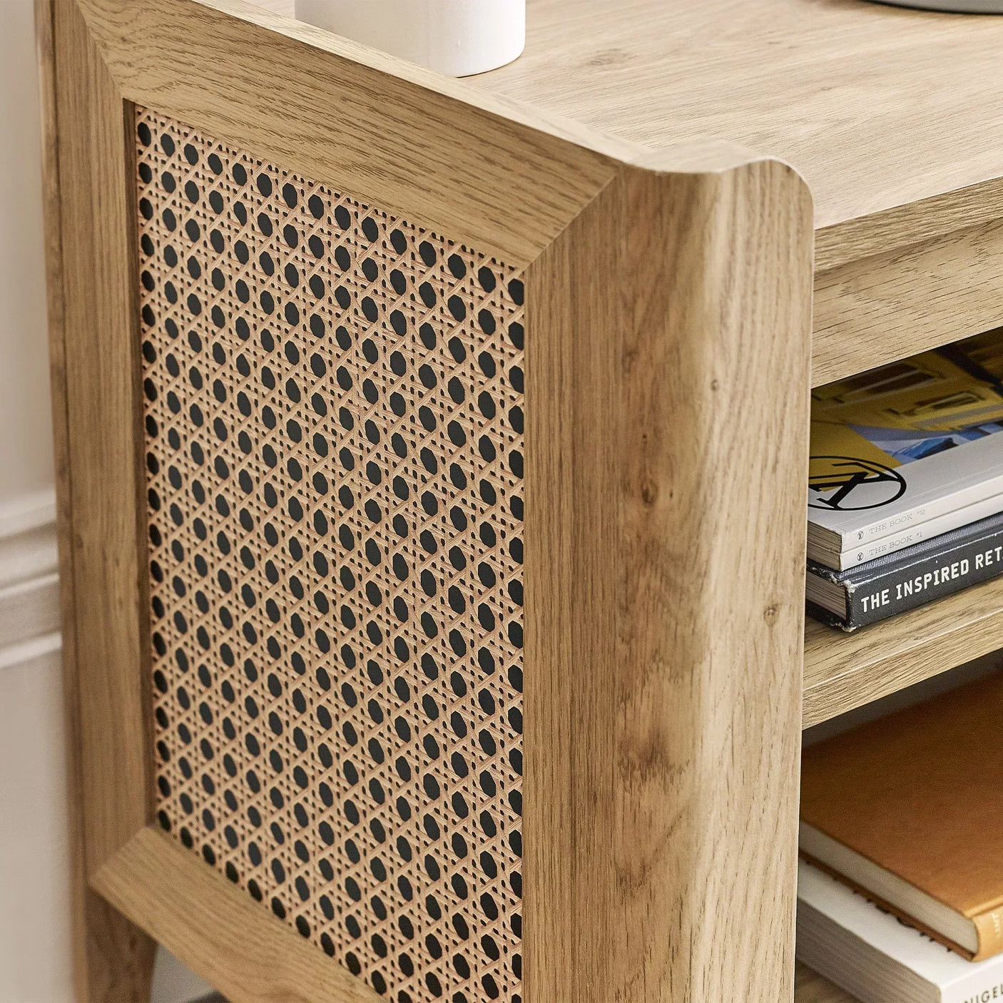 Sydney rattan effect lamp table corner with natural wood finish and woven cane detail