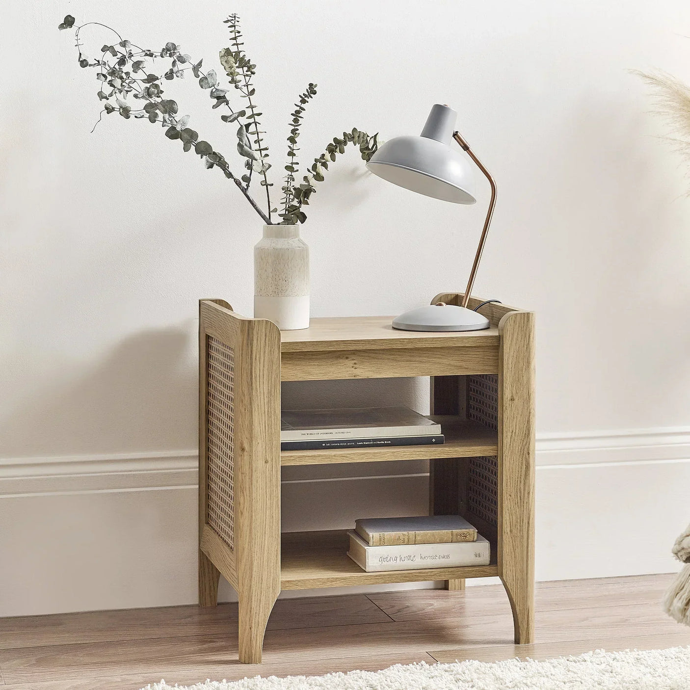 Sydney rattan effect lamp table with removable shelf, side lamp, and decorative vase