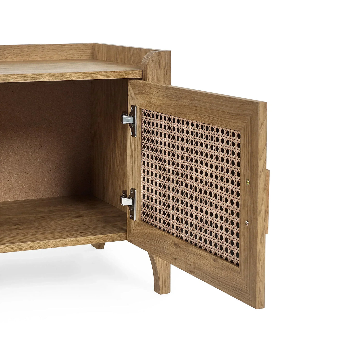 Sydney rattan media unit open door showing natural wood interior and woven panel detail