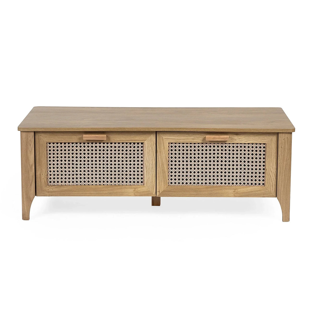 Sydney rattan effect two drawer coffee table in light oak finish, front view
