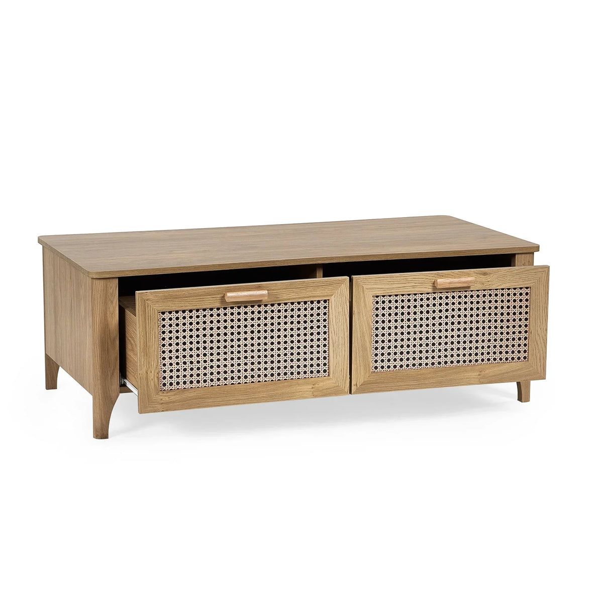 Rattan effect two drawer coffee table in oak finish with woven drawer fronts, front view