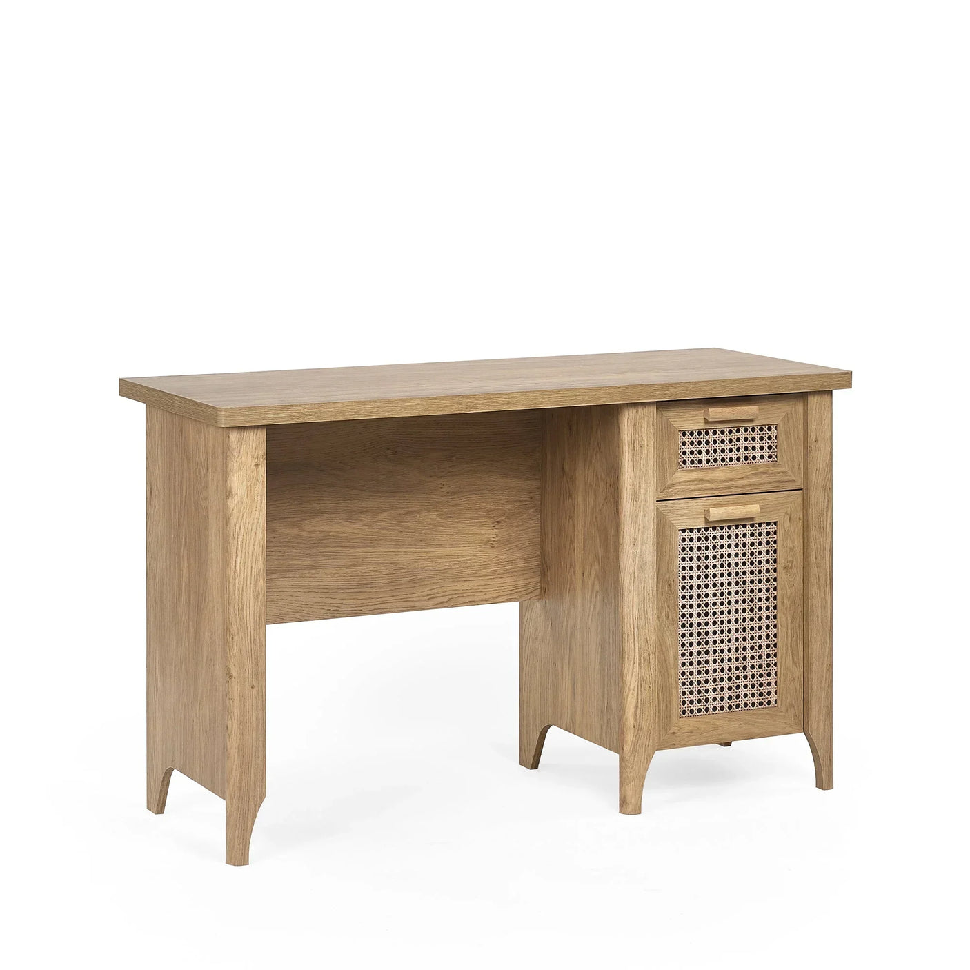 Oak rattan effect desk with drawer and cupboard, cutout view on white background