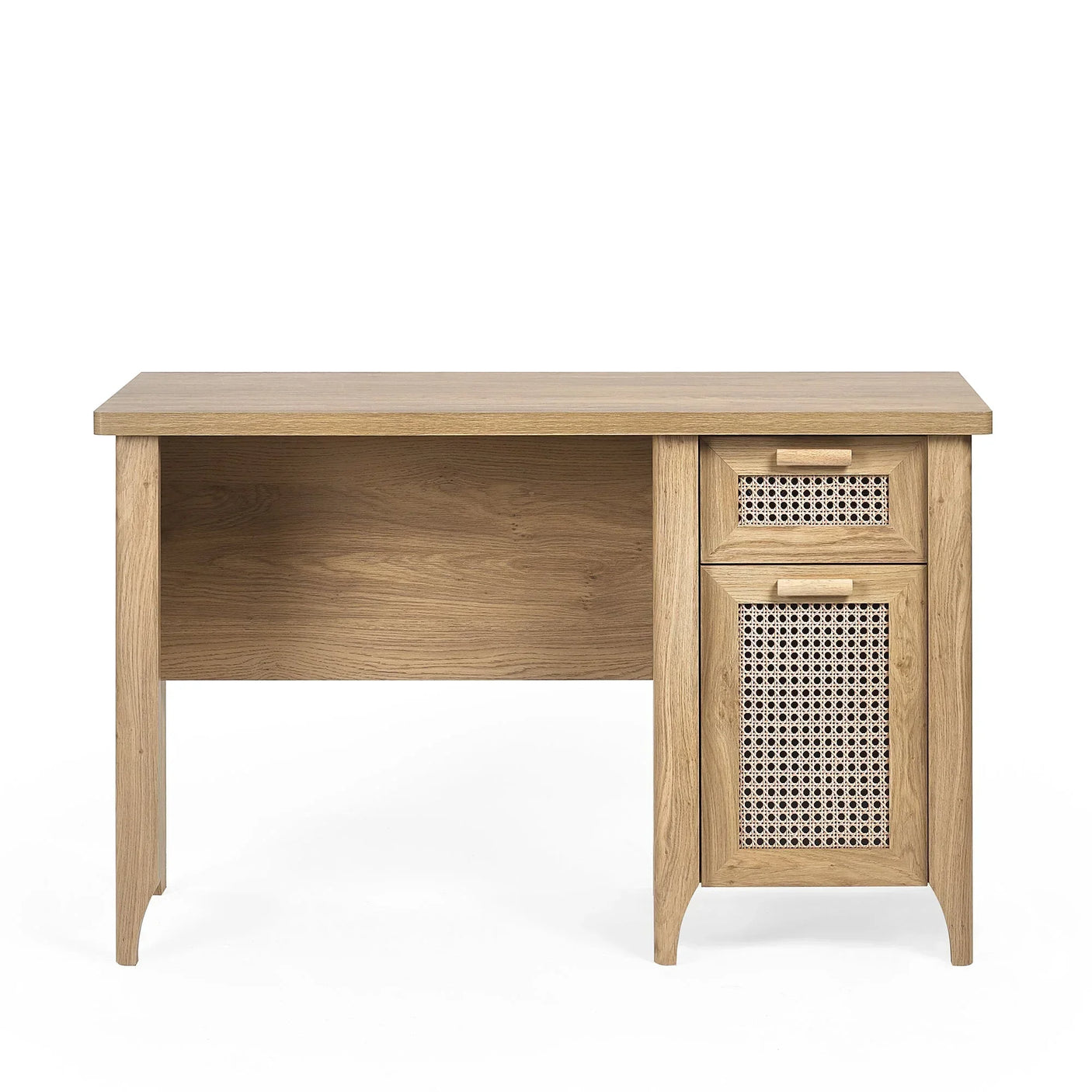 Sydney rattan effect desk with wooden frame and two storage drawers on white background