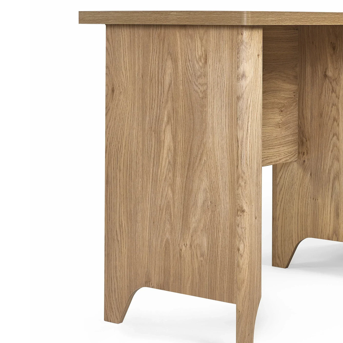 Close view of rattan effect desk leg with natural wood grain finish