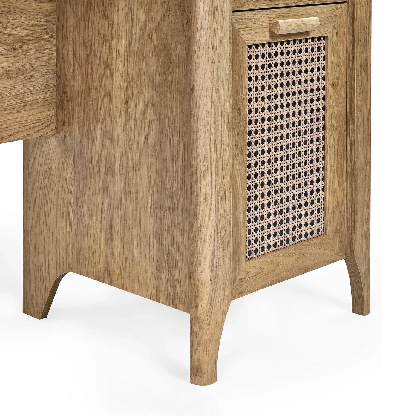 Sydney rattan effect desk leg and woven panel cabinet door close-up