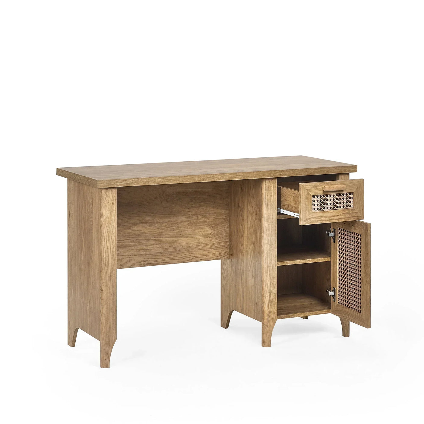 Sydney rattan effect desk in light wood with open drawer and cupboard on right side