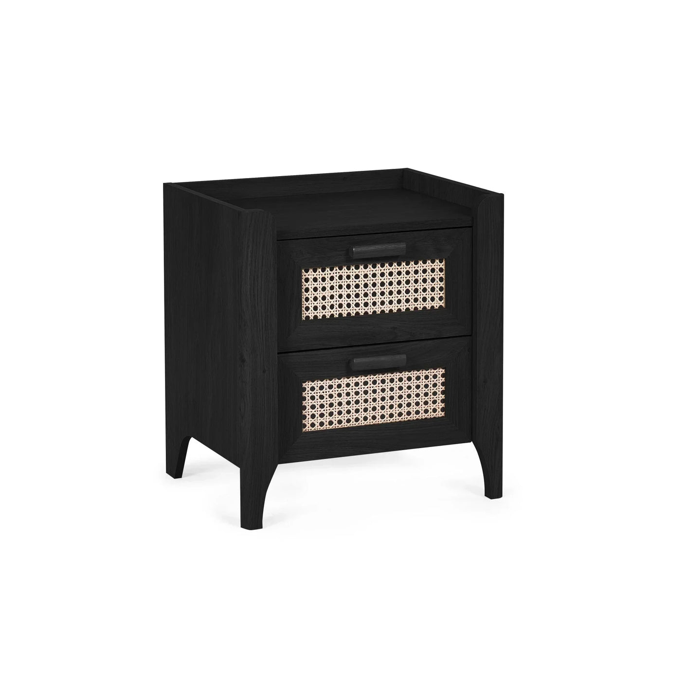 Black rattan effect bedside table with two drawers and woven cane panels, studio cutout view