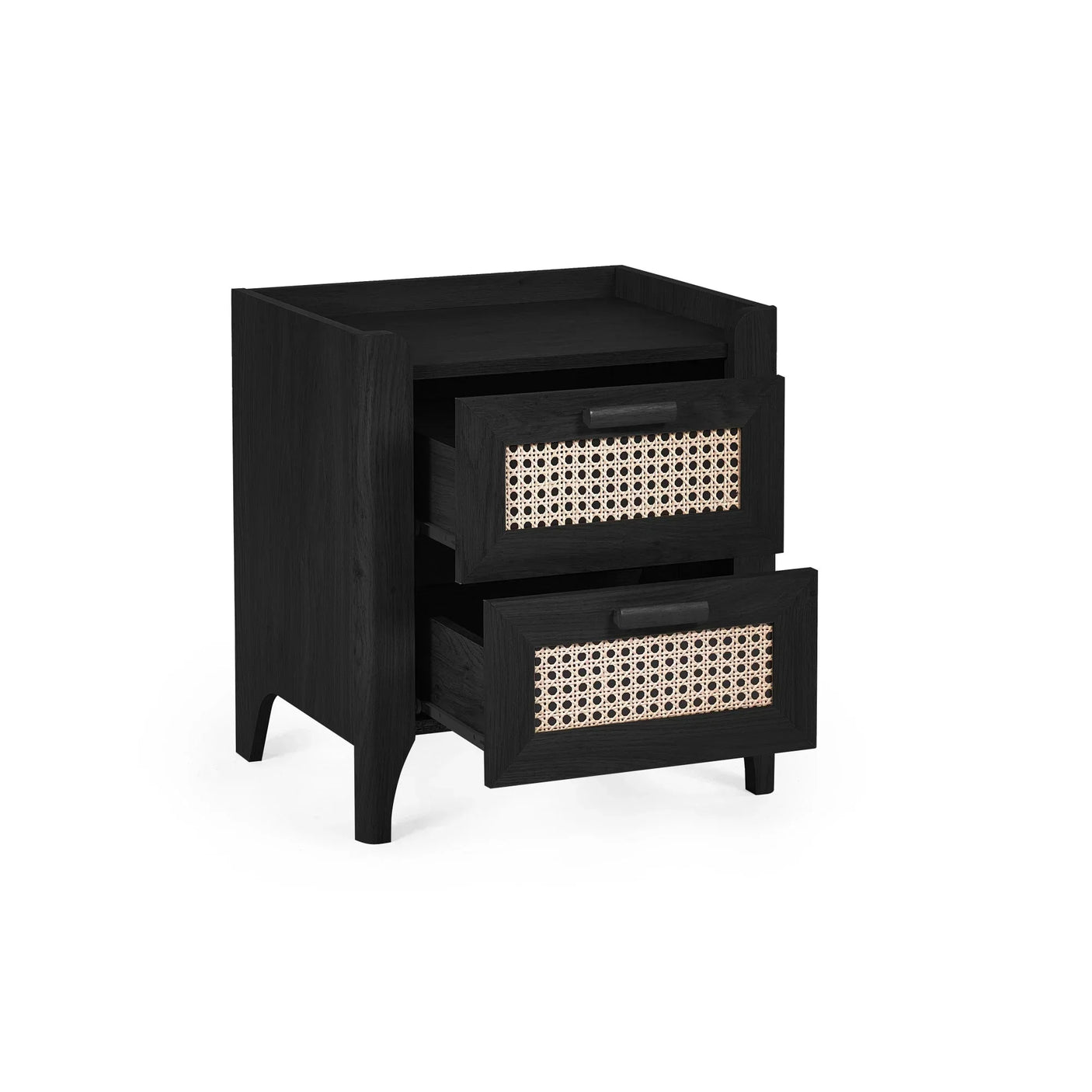 Black rattan effect bedside table with two open drawers and woven cane fronts