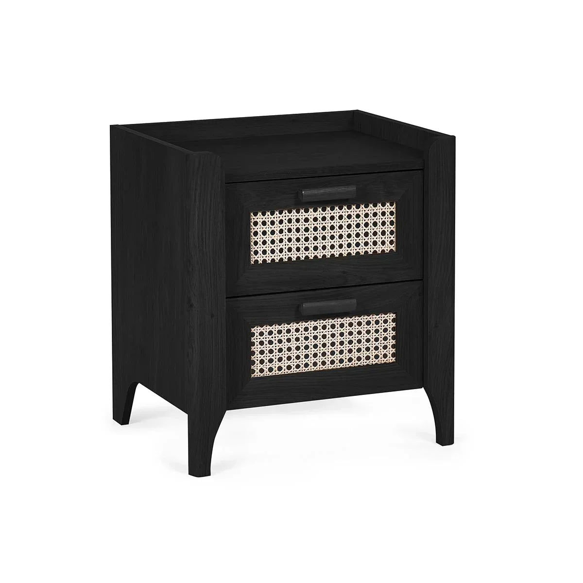 Black wooden bedside table with two rattan drawers and modern handles