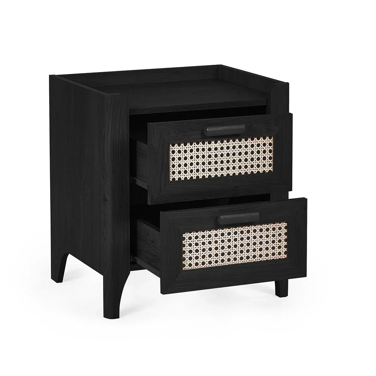 Black bedside table with two rattan front drawers, both drawers open, angled view