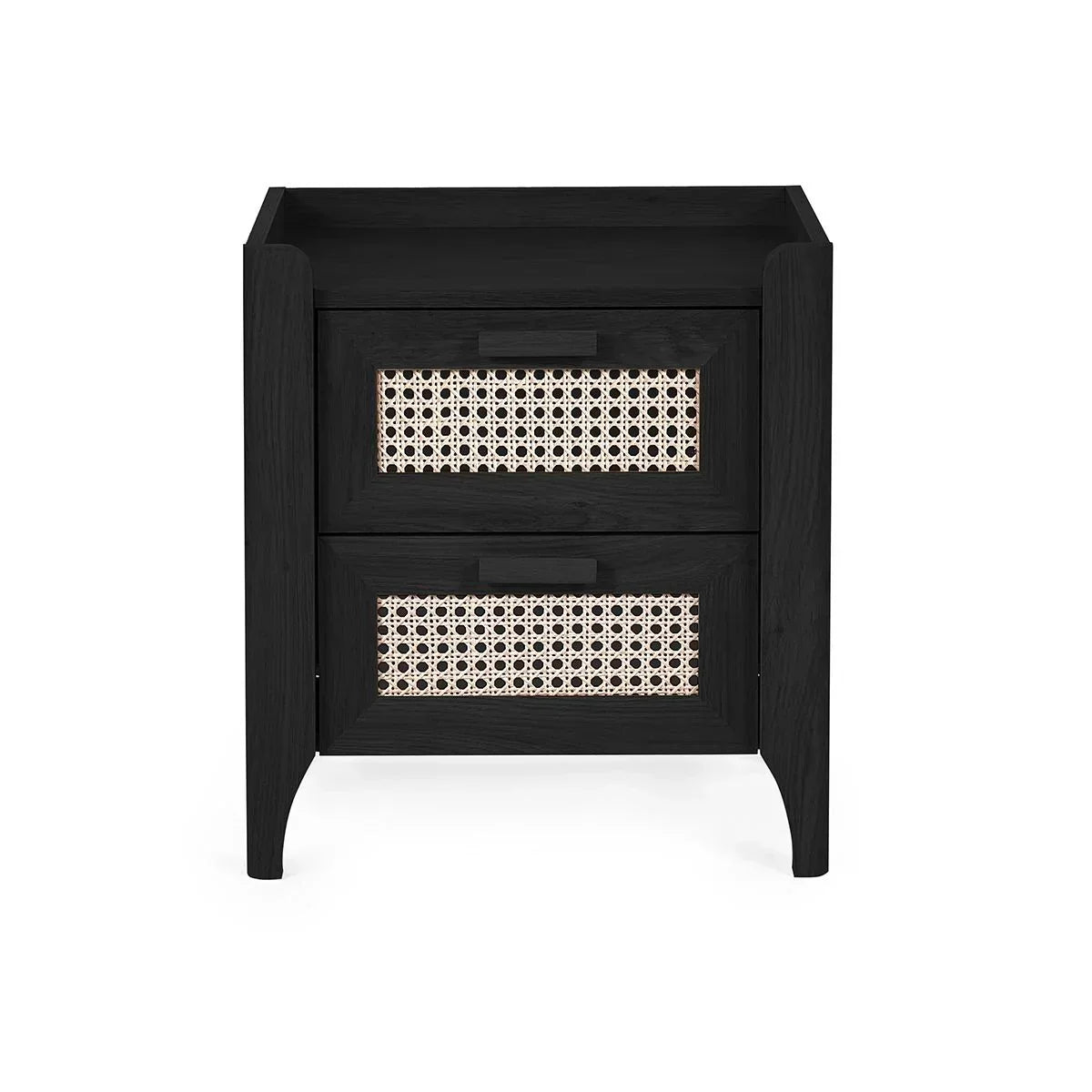 Black wooden bedside table with two rattan drawers, front view on white background