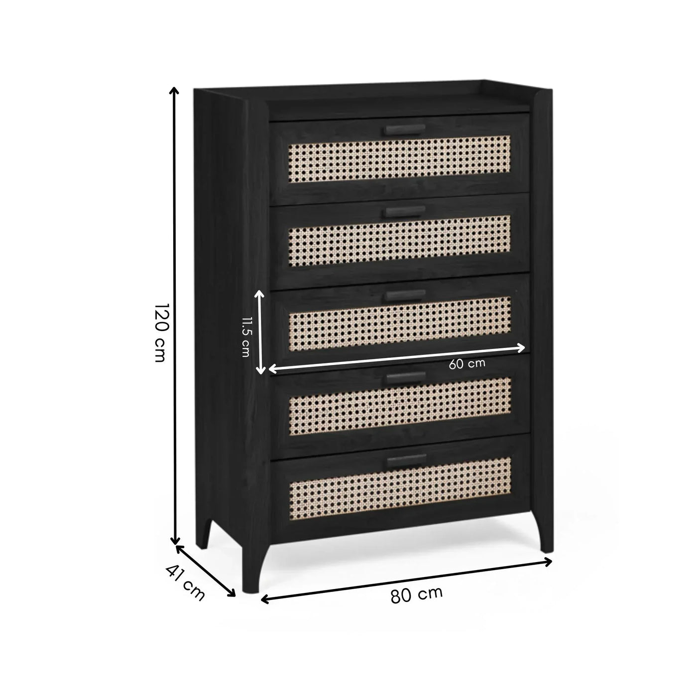 Black chest of drawers with rattan fronts, five drawers, dimensions labeled in centimeters