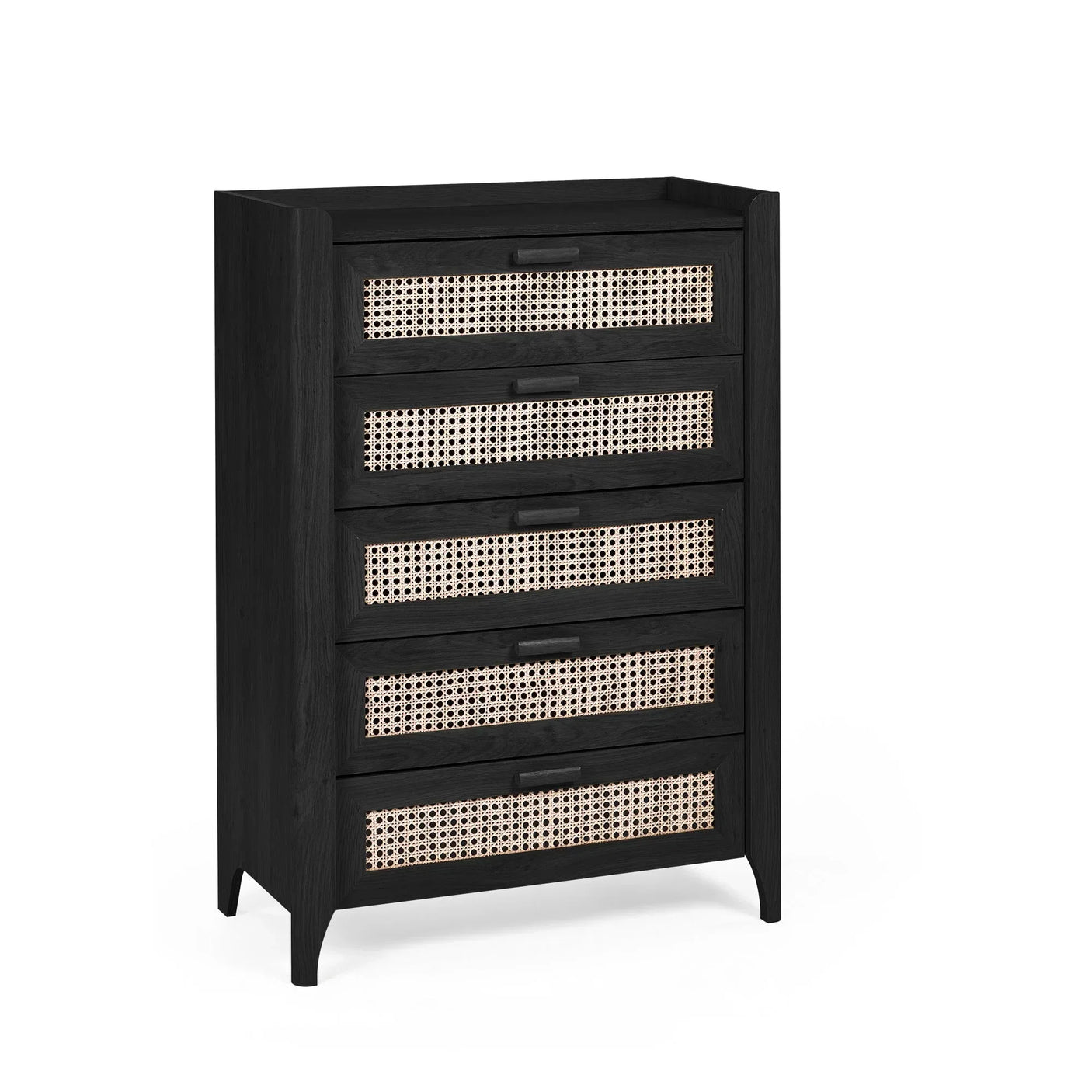Black ash rattan effect 5 drawer chest with cane drawer fronts, angled side view