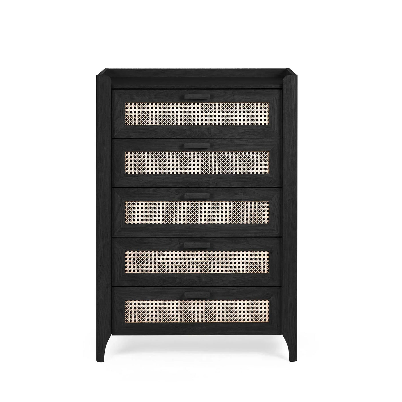 Black rattan effect 5 drawer chest with cane panel fronts and square edges