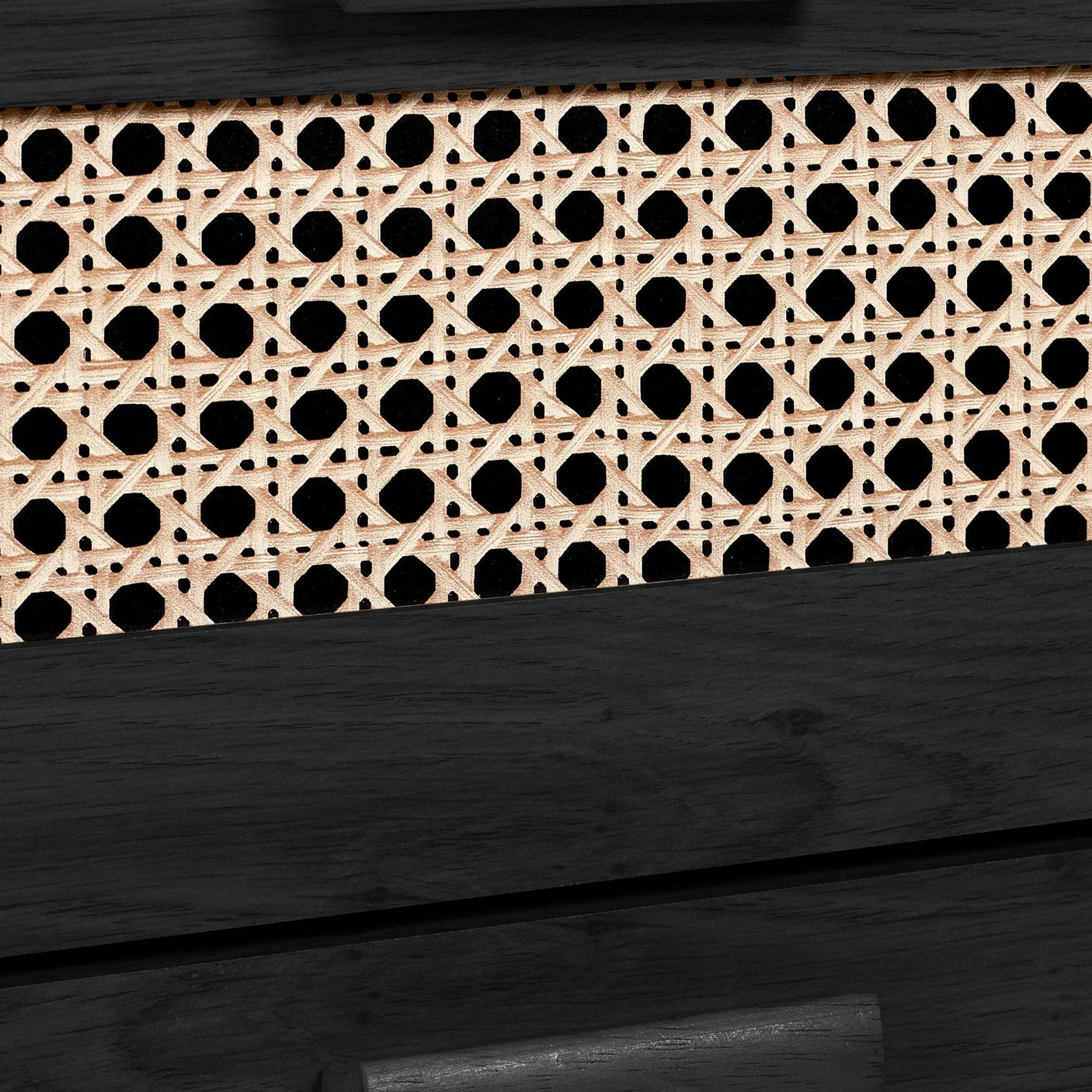 Sydney rattan effect drawer chest closeup showing black ash wood and woven panel detail