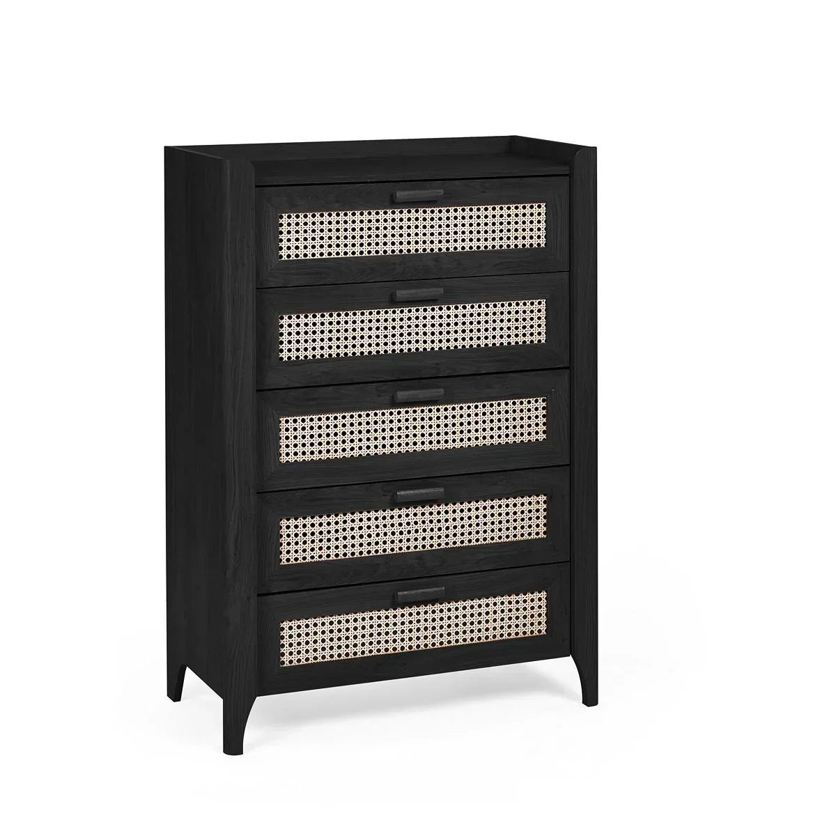 Black wood chest of drawers with cane front panels and five drawers, angled side view