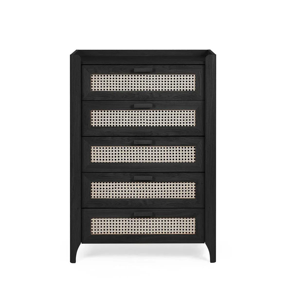 Black wooden chest of drawers with rattan front panels, five drawer storage unit, front view