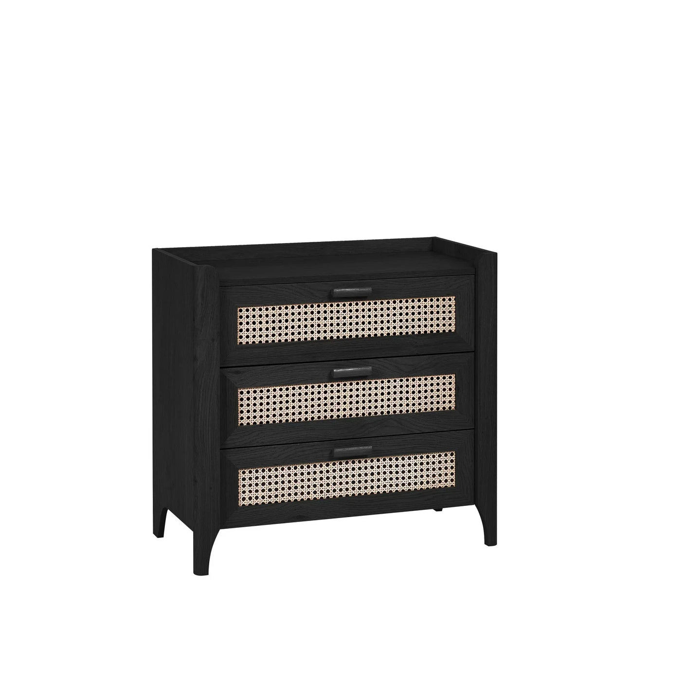 Black rattan effect three drawer chest with cane front panels on white background