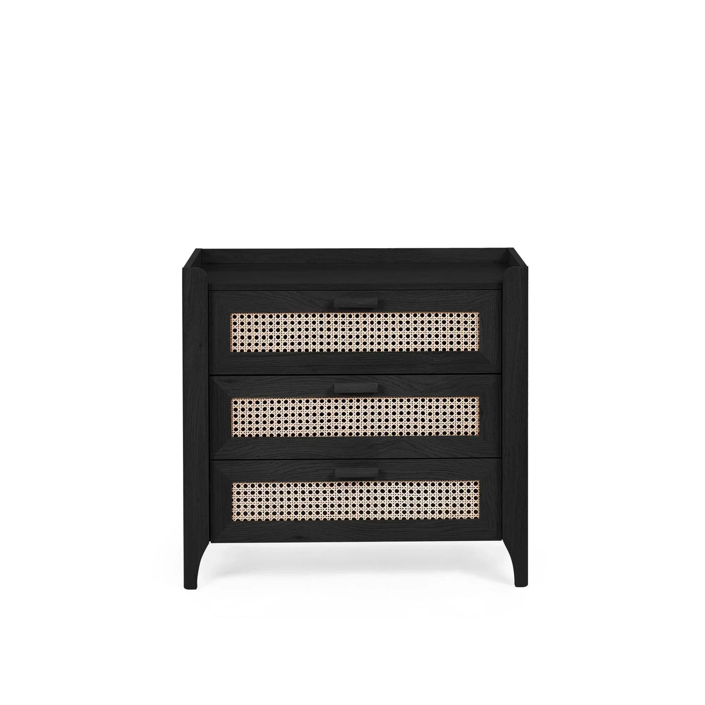 Black rattan effect three drawer chest with woven cane fronts on white background