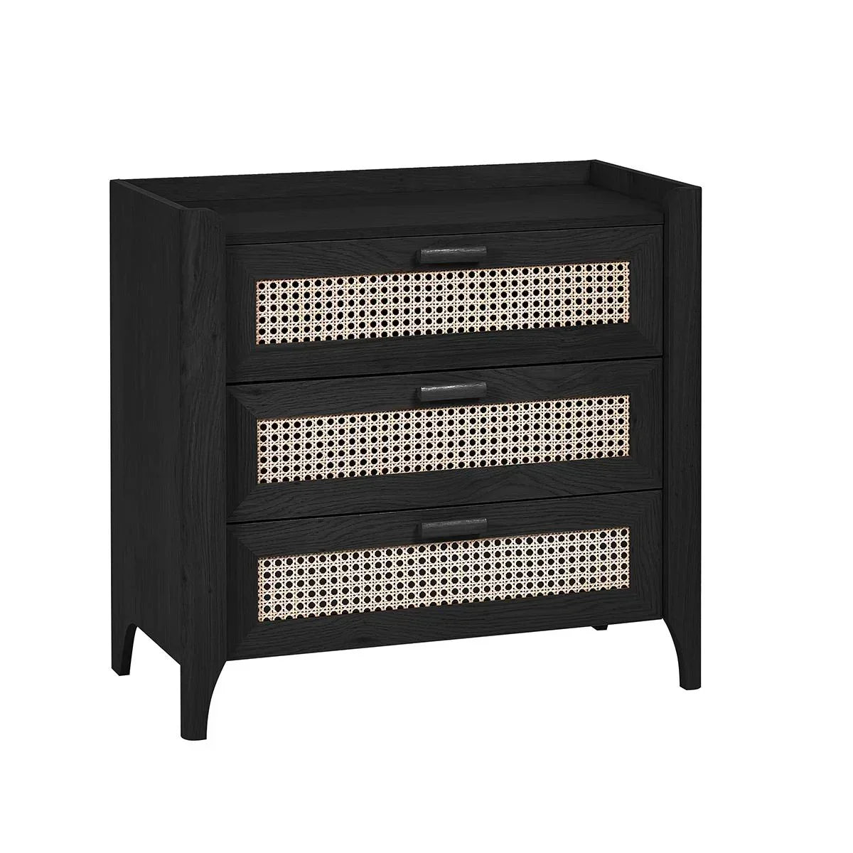 Black wood chest of drawers with cane front panels and three drawers