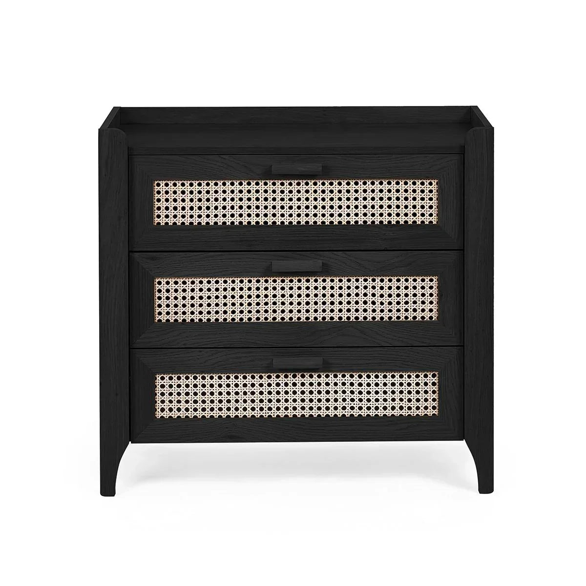 Black wood chest of drawers with three rattan front panels, straight-on view
