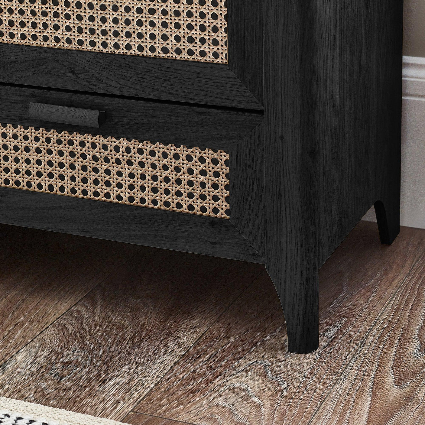 Sydney rattan effect black ash 6 drawer chest corner with woven cane fronts and wood legs