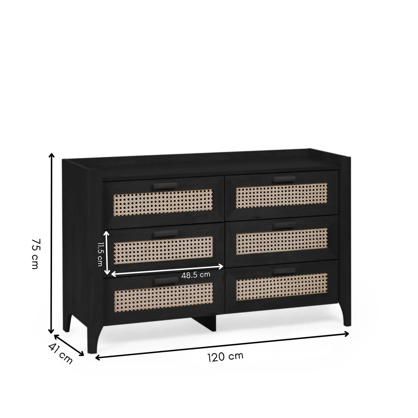 Black wood chest of drawers with rattan fronts, six drawers, dimensions labeled in cm