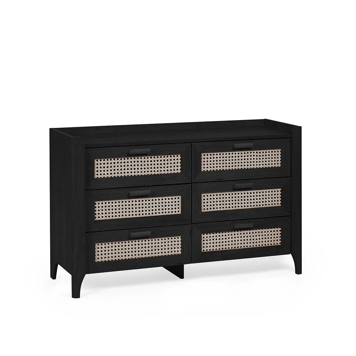 Black wooden chest of drawers with six rattan front panels and modern rectangular handles