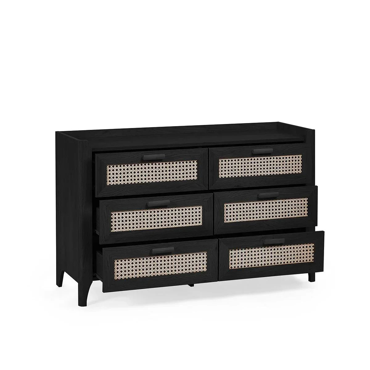 Black wood chest of drawers with rattan panel fronts and six storage drawers