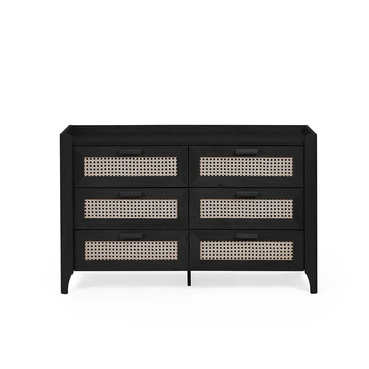 Black wooden chest of drawers with six rattan front panels, modern bedroom storage