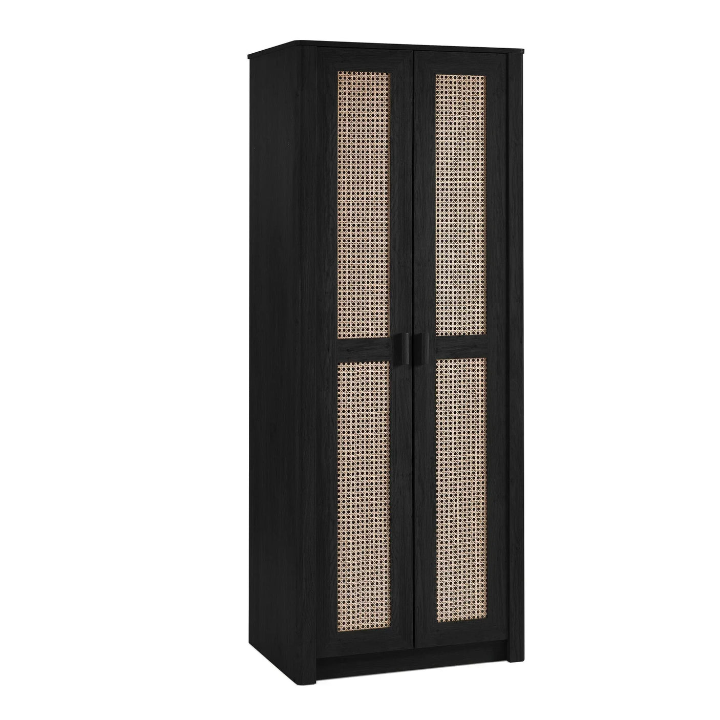 Black ash rattan effect 2 door wardrobe with cane panels and square handles, front view